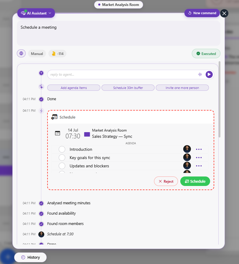 Agentic Room — AI project manager executing a command